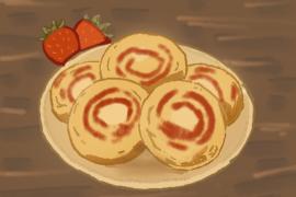 Arte digital, no es un postre real, fresas como acompañamiento, mesa de madera marrón, relleno de fresas, base de color tipo galleta de azúcar. 