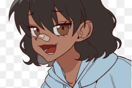 Một cô gái anime da đen với mái tóc đen ngắn, băng bó trên mũi và áo hoodie màu xanh 