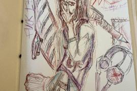 This is a drawing I did of my character Yuki made with one of those multicolor ballpoint pens. It has a few items relating to his character in the background such as headphones a tie a pen and his eye