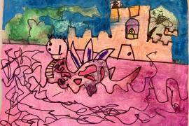 A pink Nessie monster is swimming in a pink lake