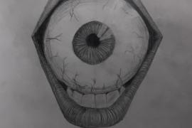 A eye inside of a open mouth.