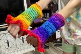 Arms with multicolored crochet arm socks