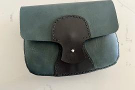 Small two-colored (Teal & Brown) leather belt bag