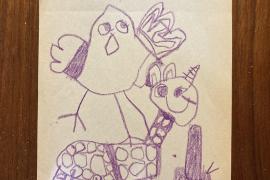 A drawing of a broom, giraffe and chick