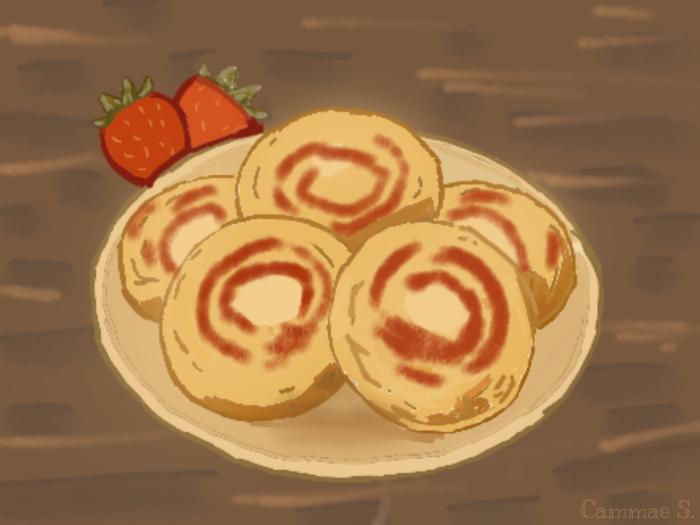 Digital art, not a real dessert, strawberries on the side, brown wooden table, strawberry filling, suger cookie like color base.