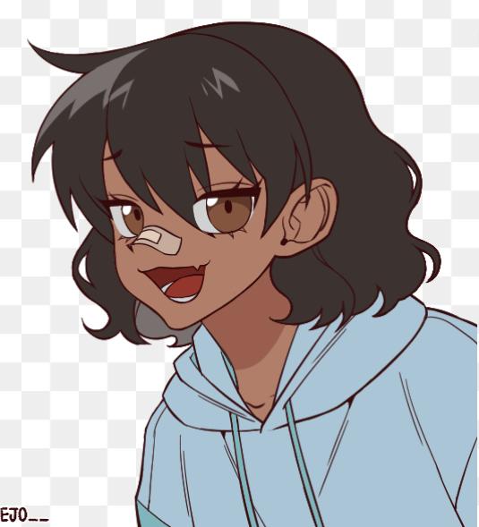 Một cô gái anime da đen với mái tóc đen ngắn, băng bó trên mũi và áo hoodie màu xanh 