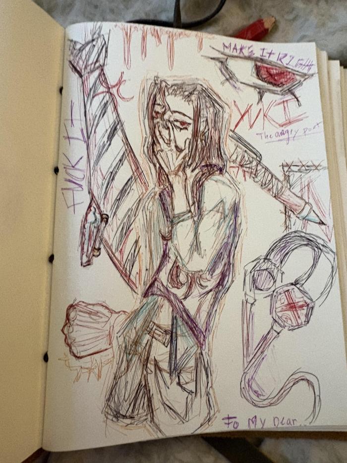 This is a drawing I did of my character Yuki made with one of those multicolor ballpoint pens. It has a few items relating to his character in the background such as headphones a tie a pen and his eye