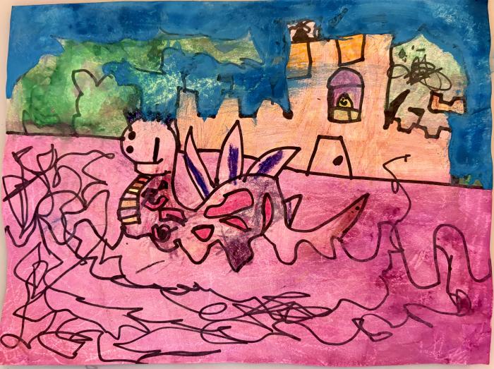 A pink Nessie monster is swimming in a pink lake