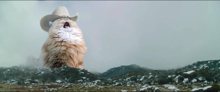 Sombrero de vaquero con gato gritando detrás de una cadena montañosa frente a un cielo gris y lúgubre