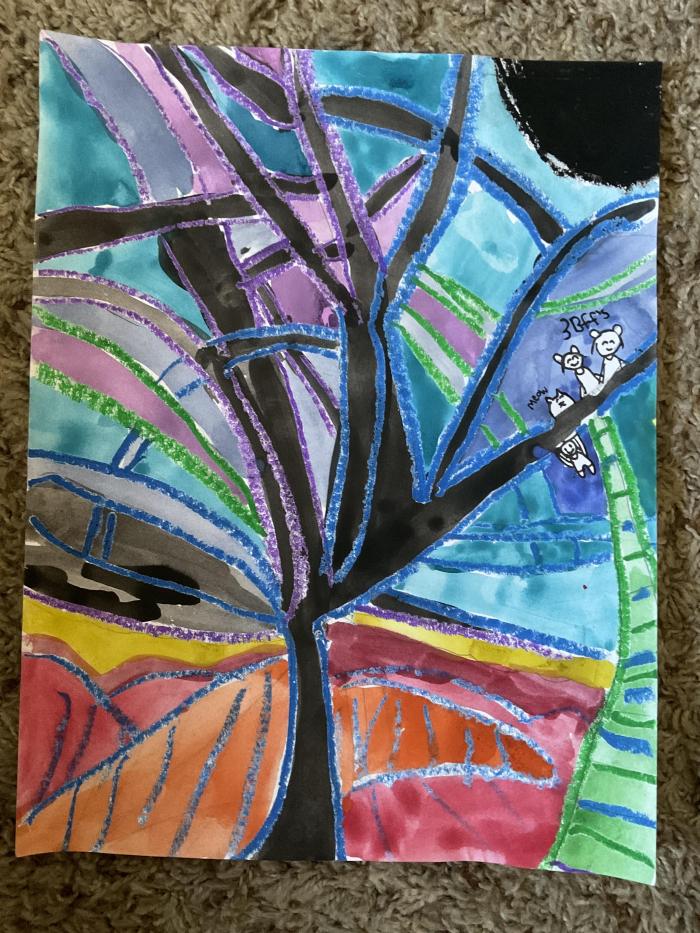 Pastels were used to do a stained glass style jungle. Very colorful with some critter friends in the tree