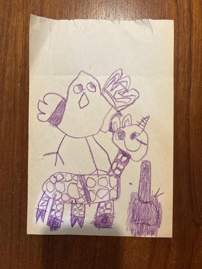 A drawing of a broom, giraffe and chick